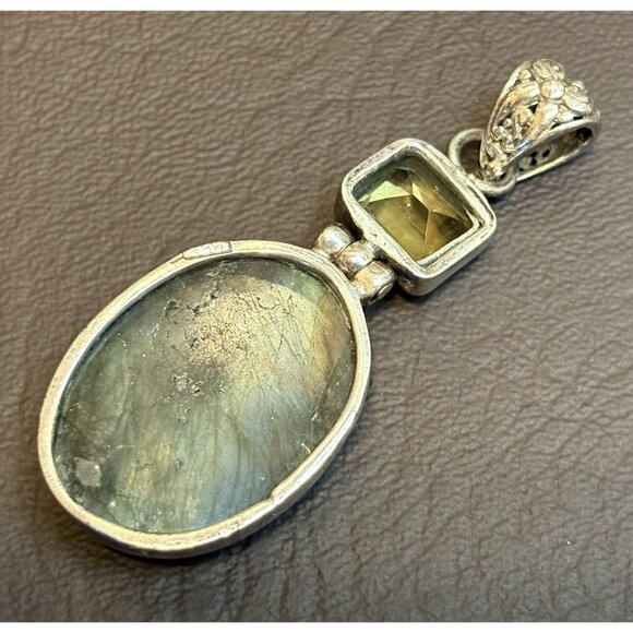 Bali Sterling Silver 925 Large Oval Labradorite Citrine 90’s Chunky Pendant - Picture 6 of 7